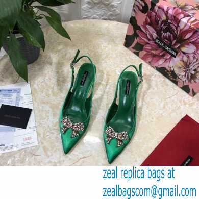 Dolce  &  Gabbana Heel 6.5cm Satin Slingbacks Green with Crystal Bow 2021